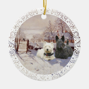 Westie & Scottie Winter Magpie Ceramic Tree Decoration