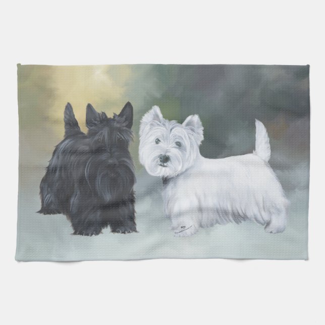 Westie Scottie Wintertime Tea Towel (Horizontal)
