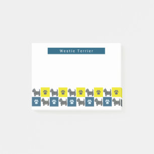 Westie Terrier Dog & Paw Yellow &Blue Grid Post-it Notes