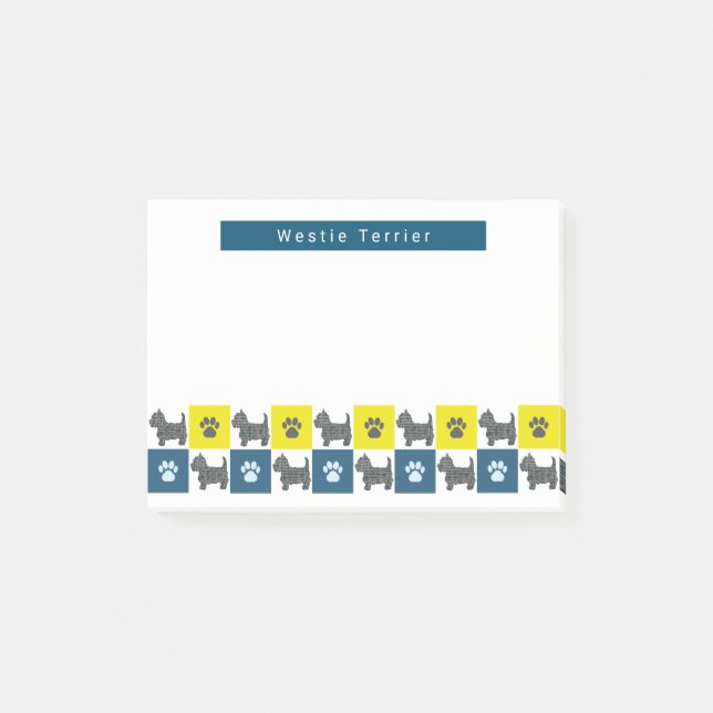 Westie Terrier Dog & Paw Yellow &Blue Grid Post-it Notes (Front)