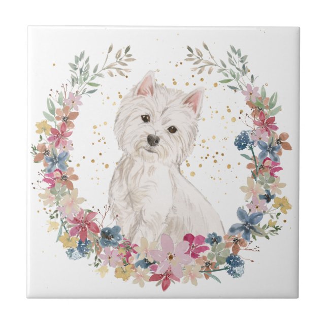 Westie Terrier Spring Flowers Wreath Tile (Front)