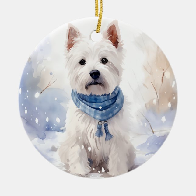 Westie Winter Christmas  Ceramic Tree Decoration (Front)