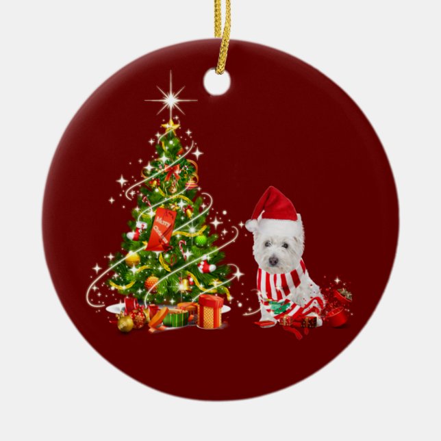 westie With Hat Scaft Christmas Ceramic Tree Decoration (Front)