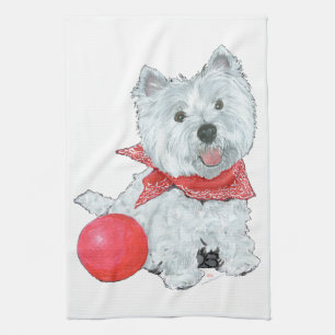 Westie With Red Ball Tea Towel