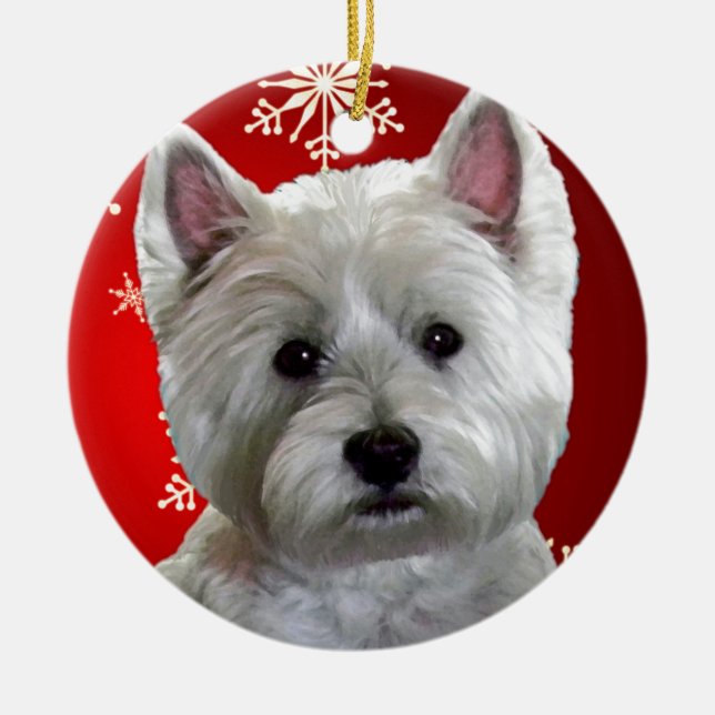 WESTIE WITH SNOWFLAKES CERAMIC TREE DECORATION (Front)
