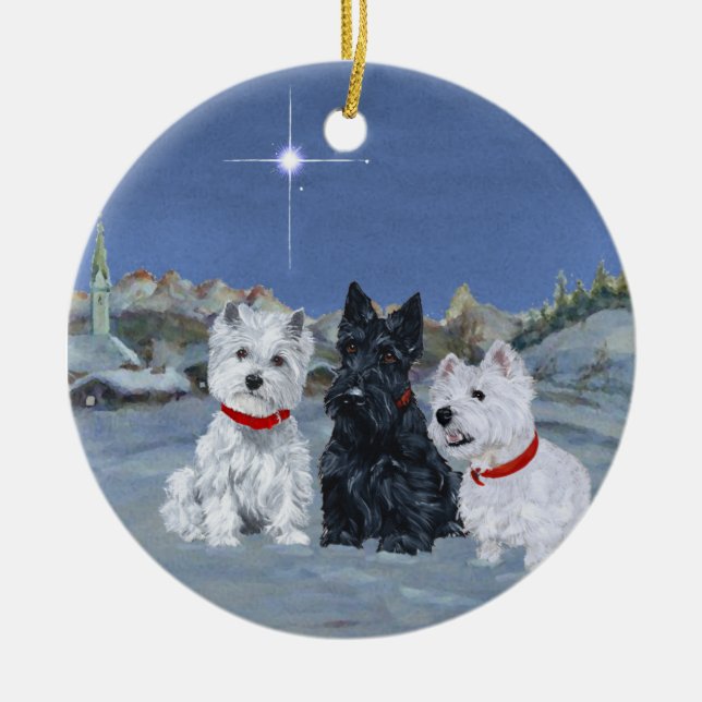 Westies and a Scottie Christmas Ceramic Tree Decoration (Front)