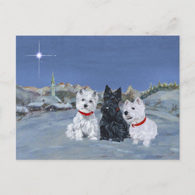 Westies and a Scottie Christmas Holiday Postcard (Front)