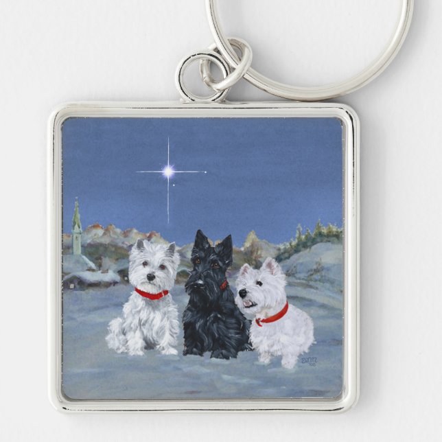 Westies and a Scottie Christmas Key Ring (Front)