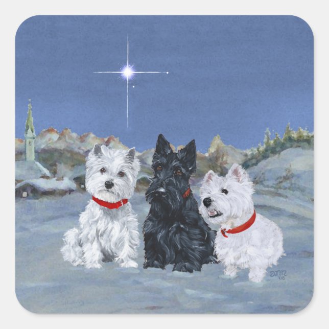 Westies and a Scottie Christmas Square Sticker (Front)