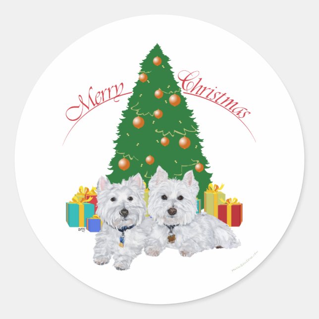 Westies by the Christmas Tree Classic Round Sticker (Front)