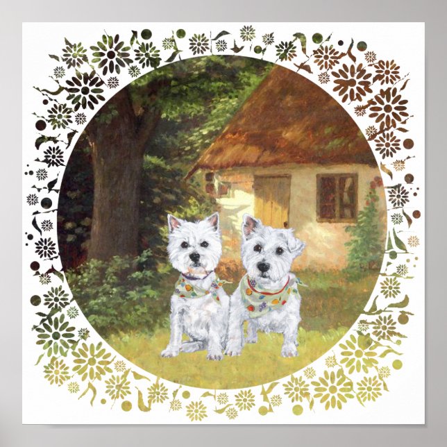 Westies in a Cosy Cottage Yard Poster (Front)
