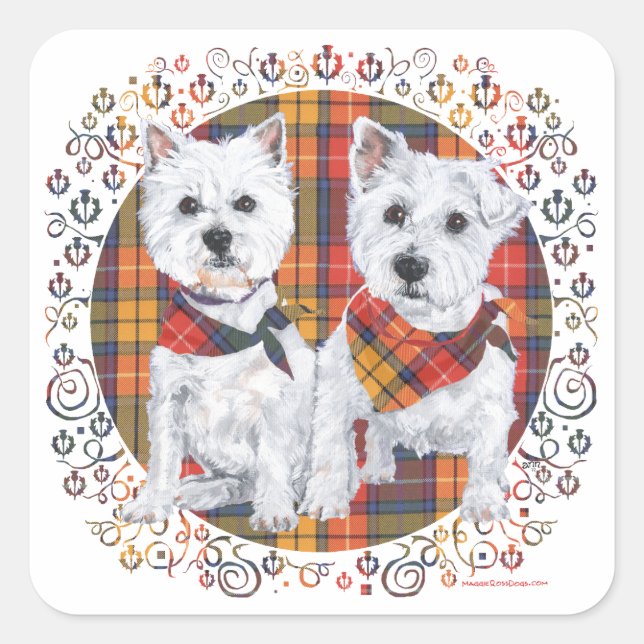 Westies on Tartan Square Sticker (Front)