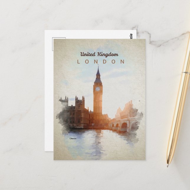Westminster Bridge in watercolor postcard (Front/Back In Situ)