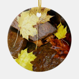 Wet Leaves and Rocks Autumn Nature Photography Ceramic Tree Decoration