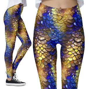 Wet Look Blue Gold Scales Fantasy Dragon Mermaid Leggings