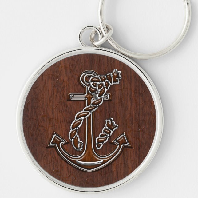 Wet Nautical Mahogany Anchor Steel Decor Key Ring (Front)