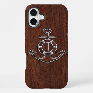Wet Nautical Mahogany Anchor Steel iPhone 16 Plus Case