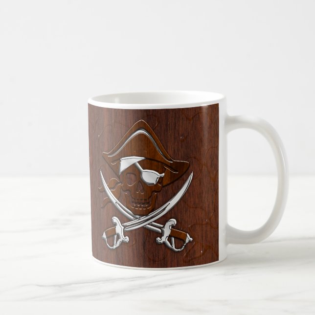 Wet Nautical Mahogany Pirate Skull Steel Coffee Mug (Right)