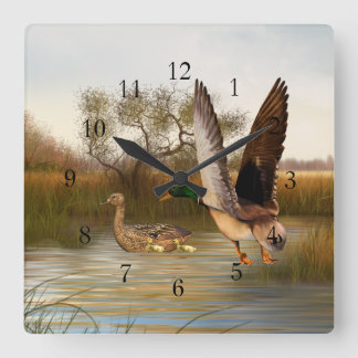 Wetland Ducks in Flight Square Wall Clock