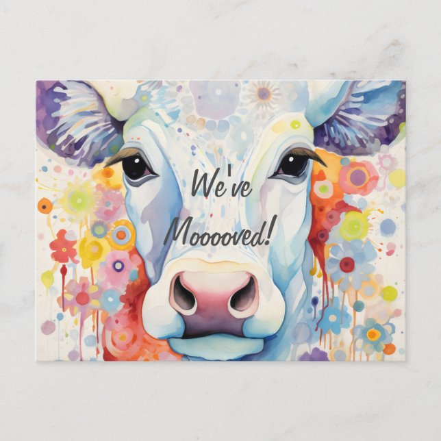 We've Mooooved! Artsy Cow Postcard (Front)