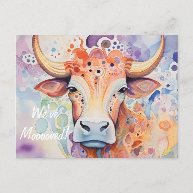 We've Mooooved! Artsy Cow Postcard (Front)