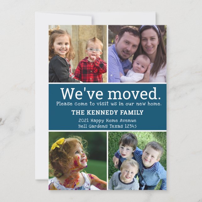 We've Moved 4 Photo Collage Blue And White Moving Announcement (Front)