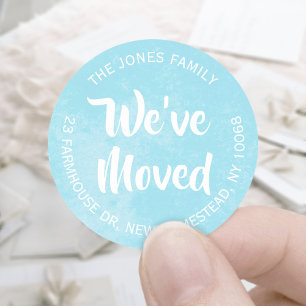 We've Moved Aqua Blue Watercolor Return Address Classic Round Sticker