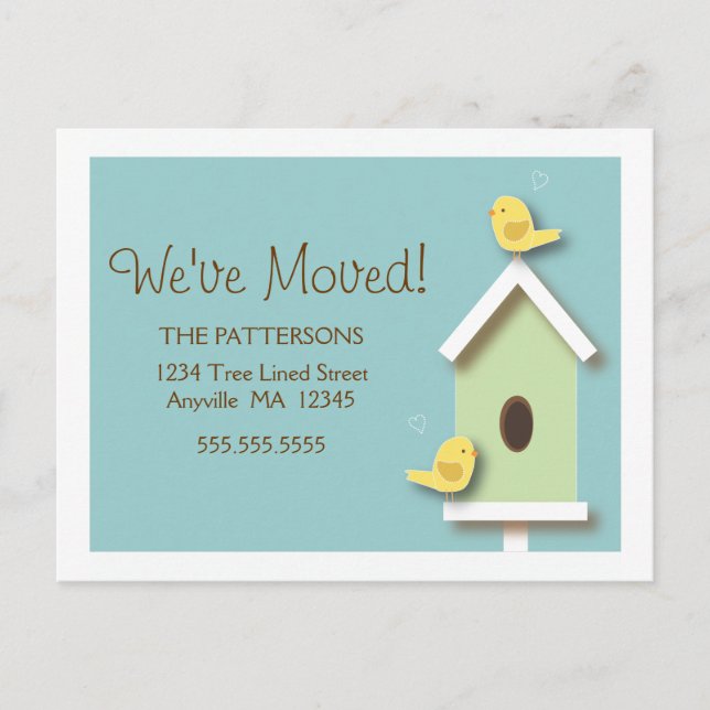 We've Moved Birdhouse New Address Postcard (Front)