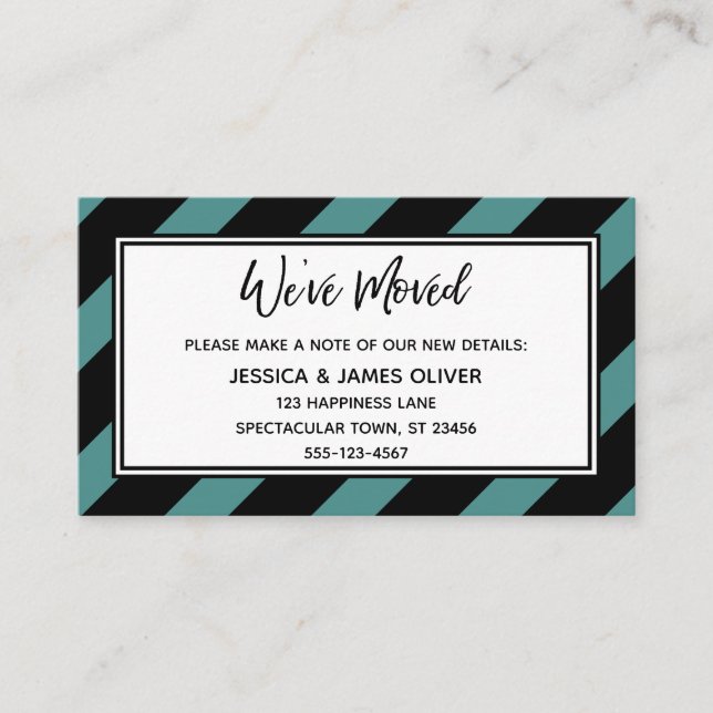 "We've Moved" Black & Teal Diagonal Stripes Business Card (Front)