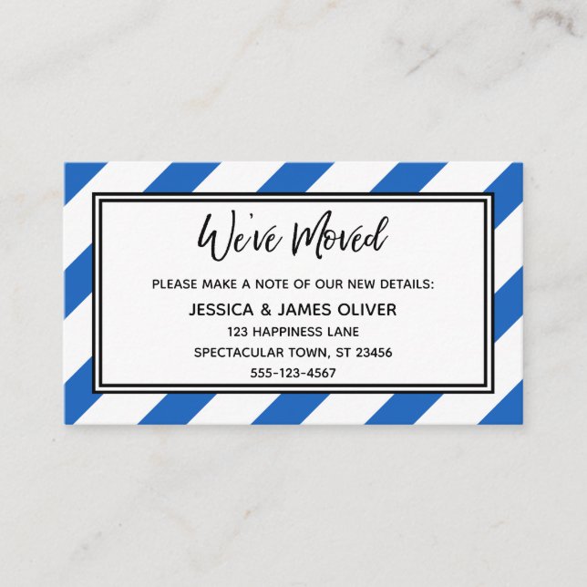 "We've Moved" Blue and White Diagonal Stripes Business Card (Front)