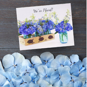 We've Moved Blue Hydrangeas In Mason Jars Postcard