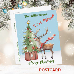We've Moved Budget Reindeer Christmas Tree Announcement Postcard