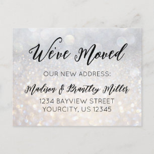 We've Moved Calligraphy White Glitter Announcement Postcard