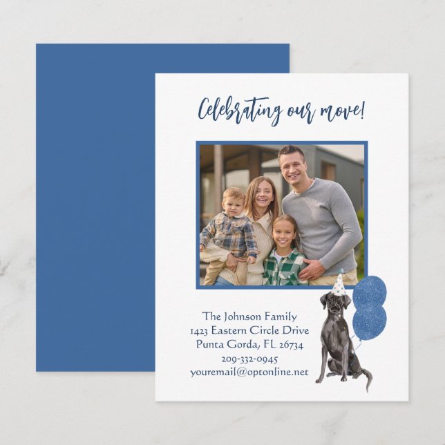 We've Moved Celebrating Dog Family Photo Budget   Announcement (Front/Back)