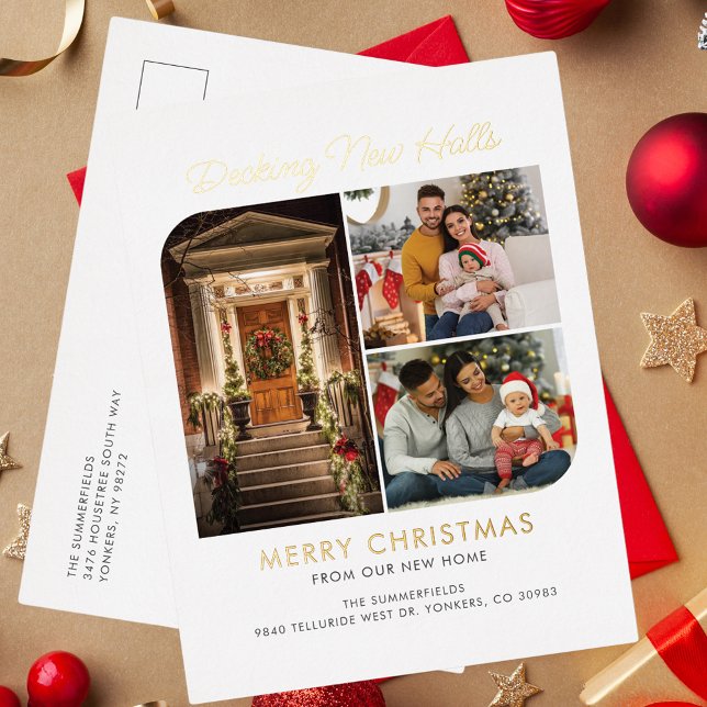 We've Moved Christmas Holidays Family Moving Gold Foil Holiday Postcard (Christmas Holidays Family Photo Collage Moving Announcement Greetings Postcard)