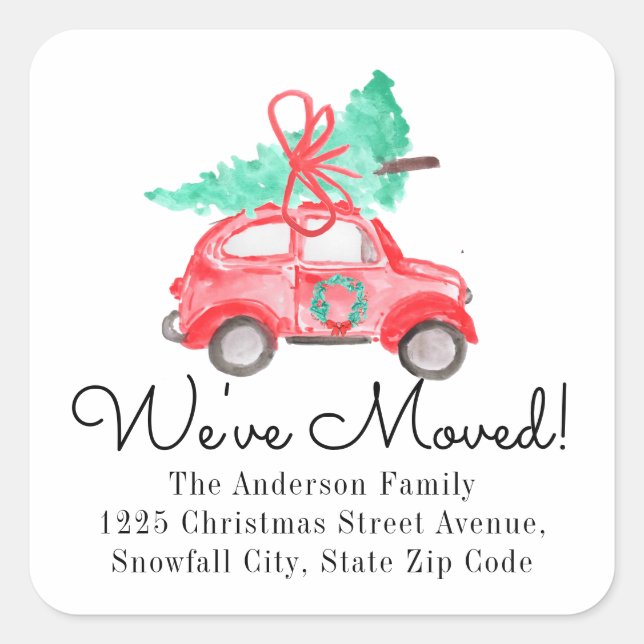 We've Moved Christmas Tree Red Car Address Moving Square Sticker (Front)