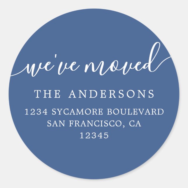 We've Moved Classic Blue New Address label (Front)