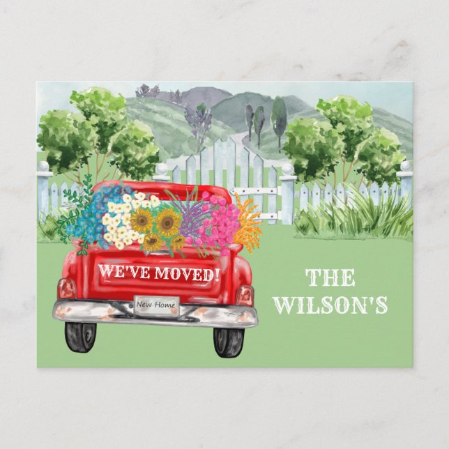 We've Moved Classic Charming Floral Red Truck Move Announcement Postcard (Front)