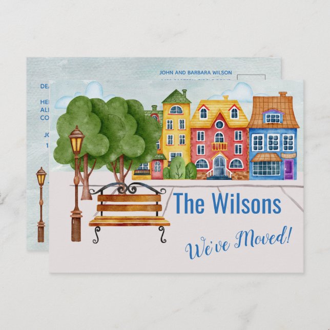 We've Moved Colourful City Life Budget Moving   Announcement Postcard (Front/Back)