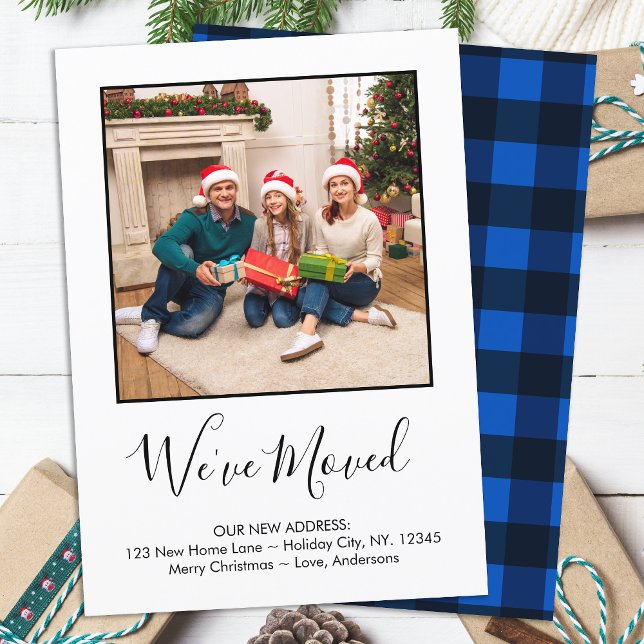 We've Moved Custom Photo Blue Plaid Holiday Moving Announcement (Creator Uploaded)