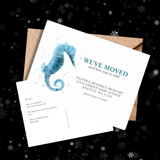 We've Moved Cute Sea Horse Moving Announcement Postcard (Watercolor Sea Horse Moving Announcement Post Card)