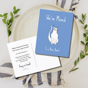 We've Moved Cute Winking Cat Trendy Blue Announcement Postcard