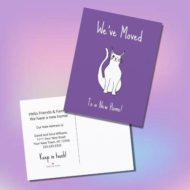 We've Moved Cute Winking Cat Trendy Purple  Announcement Postcard (Creator Uploaded)