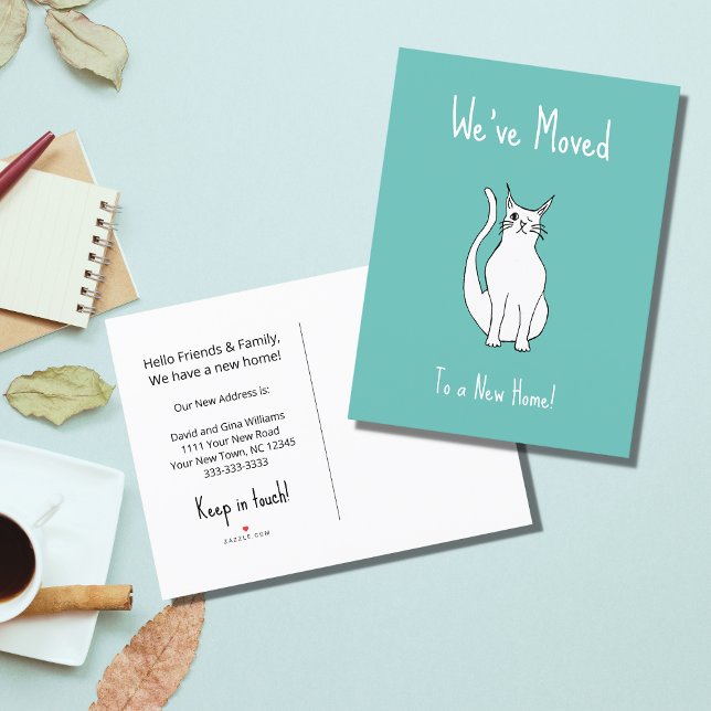 We've Moved Cute Winking Cat Trendy Teal Green Announcement Postcard (Creator Uploaded)