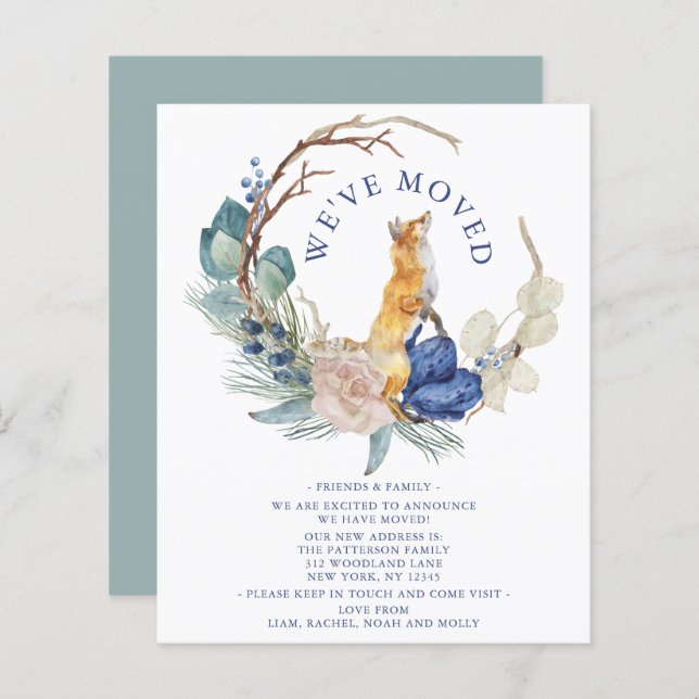 We've Moved Cute Woodland Fox Watercolor Floral (Front/Back)