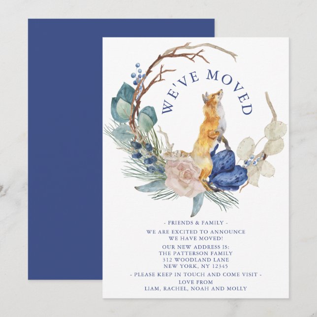 We've Moved Cute Woodland Fox Watercolor Floral Announcement (Front/Back)