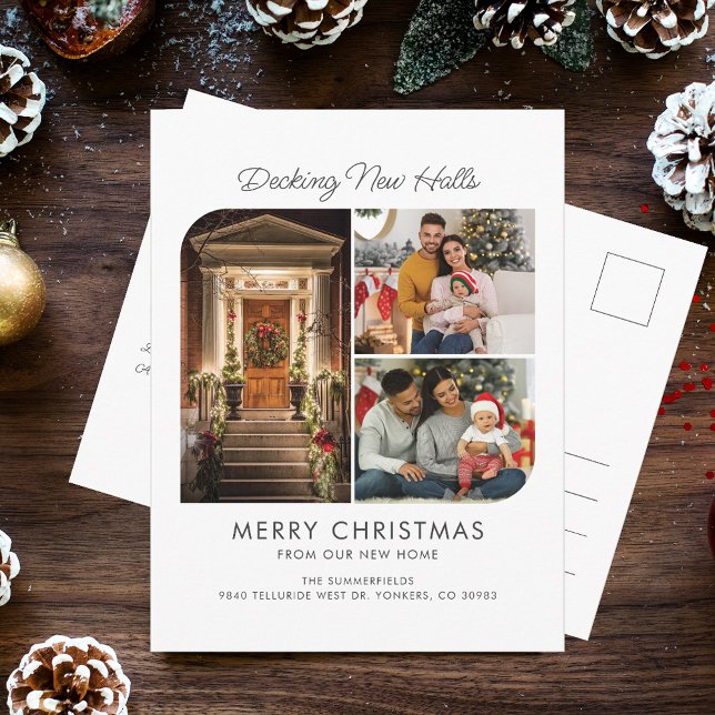 We've Moved Decking New Halls Photo Collage Moving Announcement Postcard (We've Moved Christmas Holidays Family Photo Collage Moving Announcement Postcard)