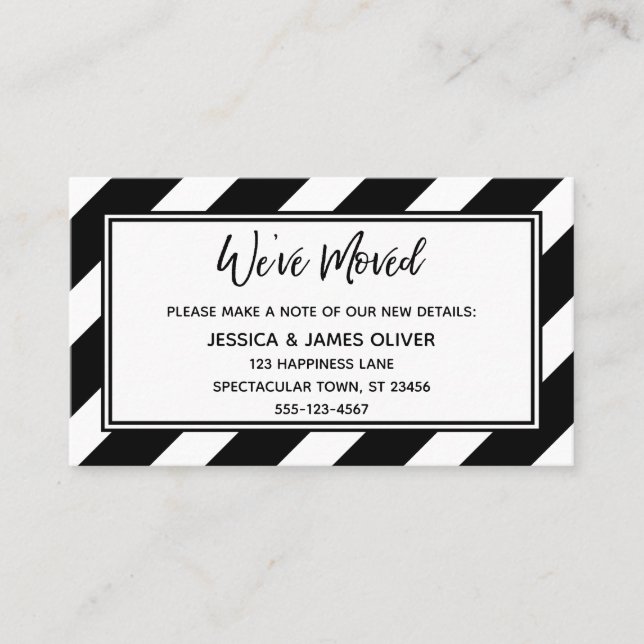 "We've Moved" Diagonal Black & White Stripes Business Card (Front)