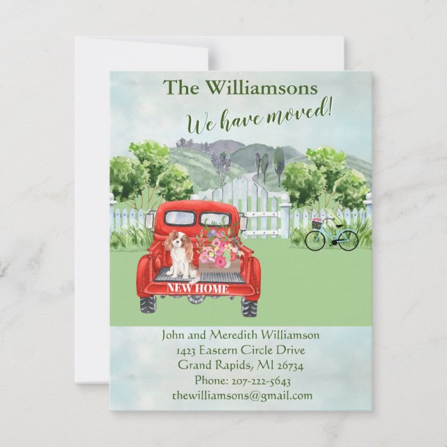 We've Moved Dog Red Truck Countryside Floral Move  Announcement (Front)