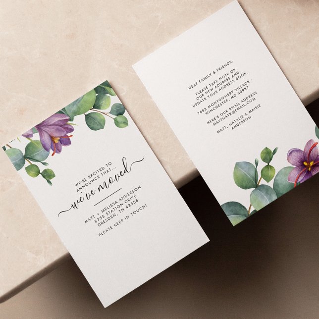 We've Moved Eucalyptus Floral Moving Announcement (Eucalyptus Sage Green and Purple Script Moving Announcement Card)